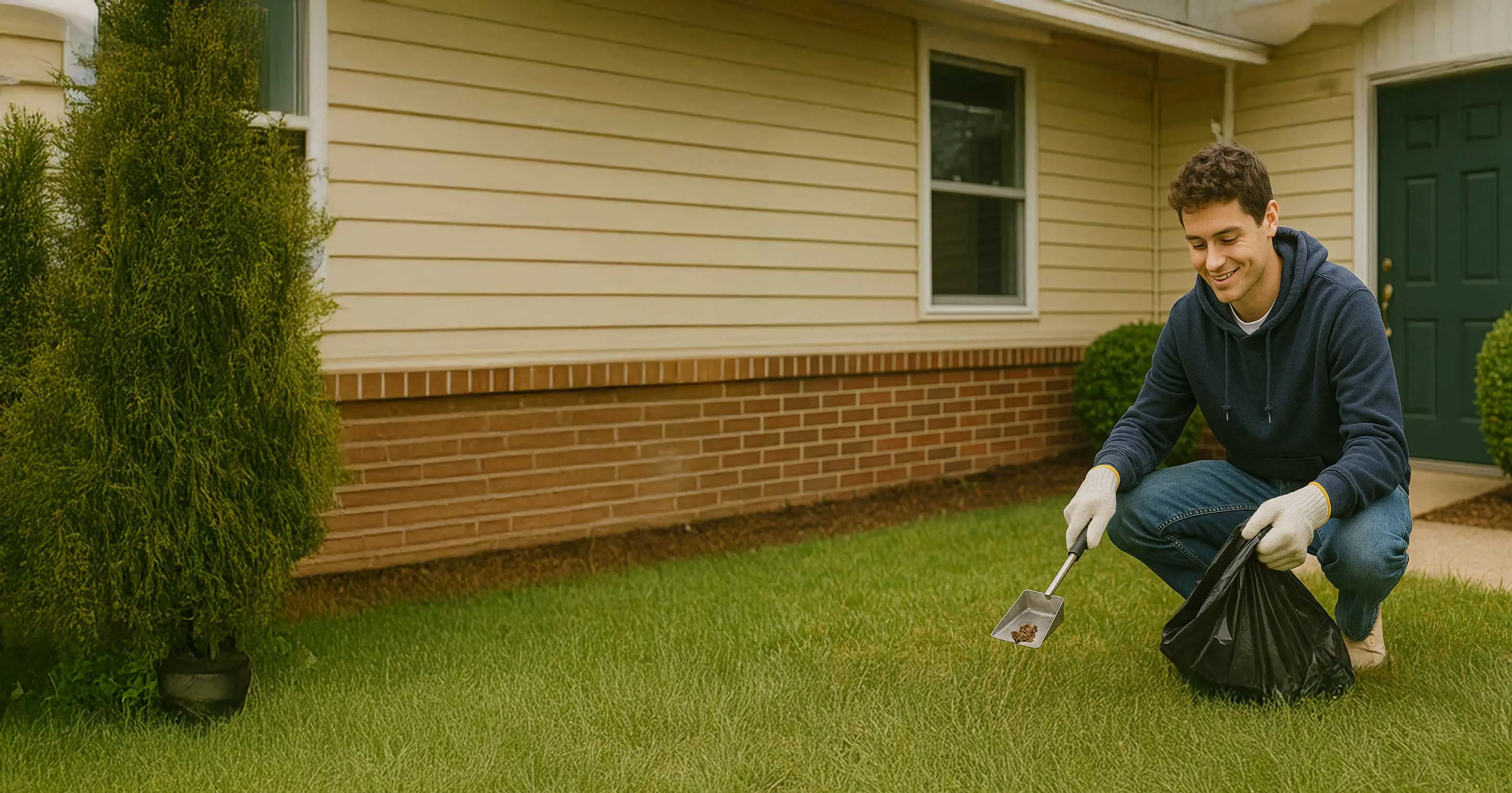 Student helping with pet waste cleanup